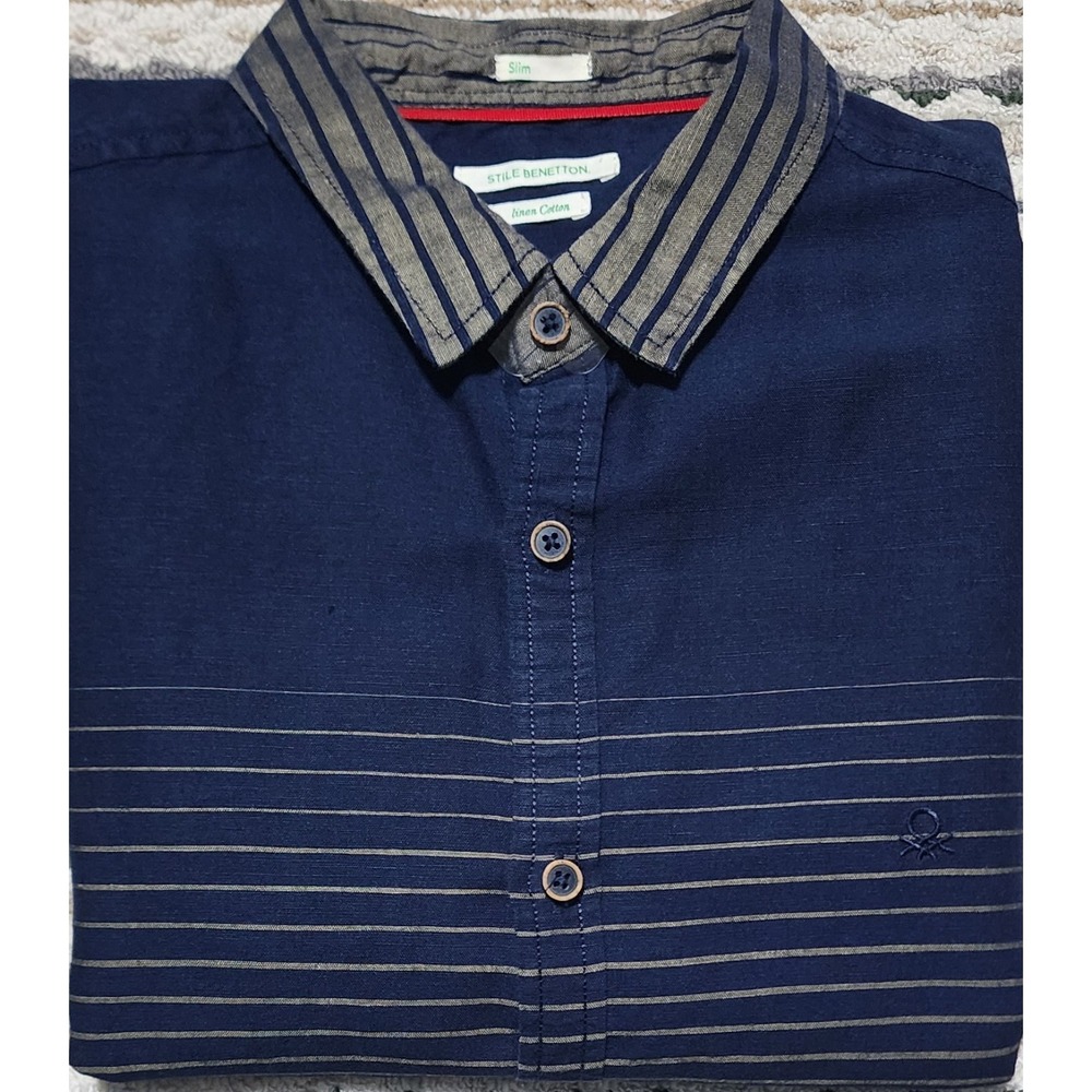 Stile Benetton Men's Slim Fit Linen Cotton Button Down Navy Striped Shirt Sz XL